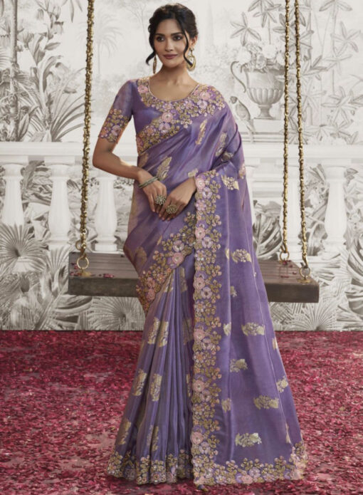 Purple Fancy Silk Wedding Reception Wear Saree
