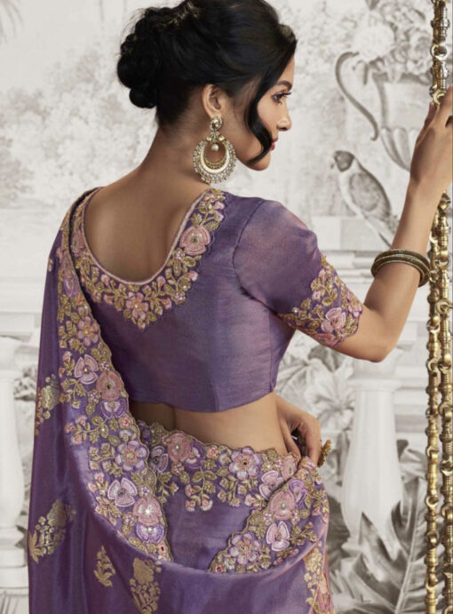 Pink & Purple Viscose Silk Embroidered Designer Wedding Saree