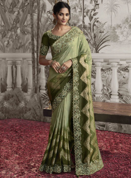 Green Fancy Silk Wedding Reception Wear Saree