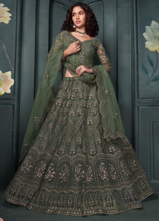 Mehendi Green Net Bridal Lehenga Choli
