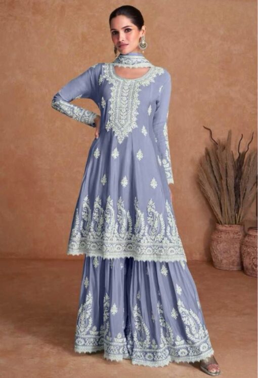 Lilac Silk Embroidered Palazzo Suit
