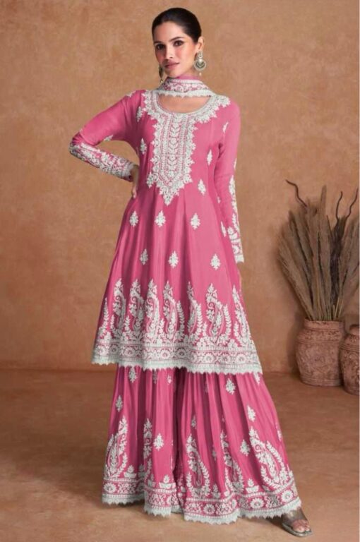 Dark Pink Silk Embroidered Palazzo Suit
