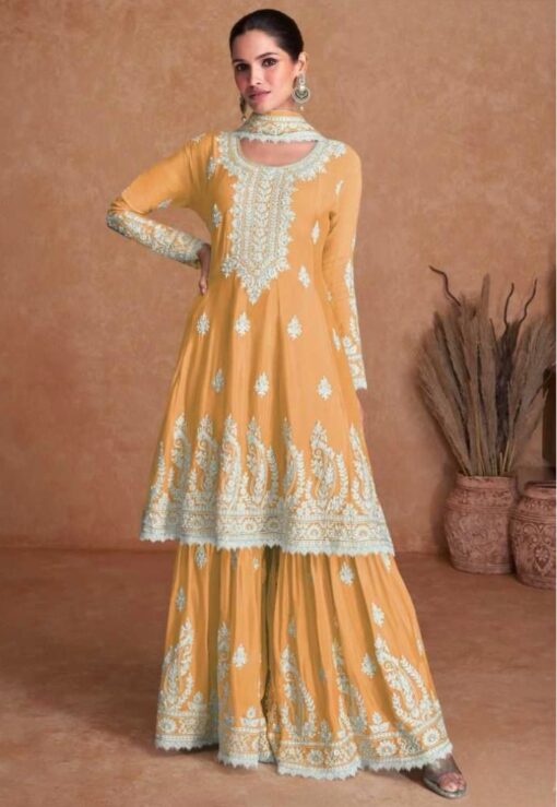 Yellow Silk Embroidered Palazzo Suit