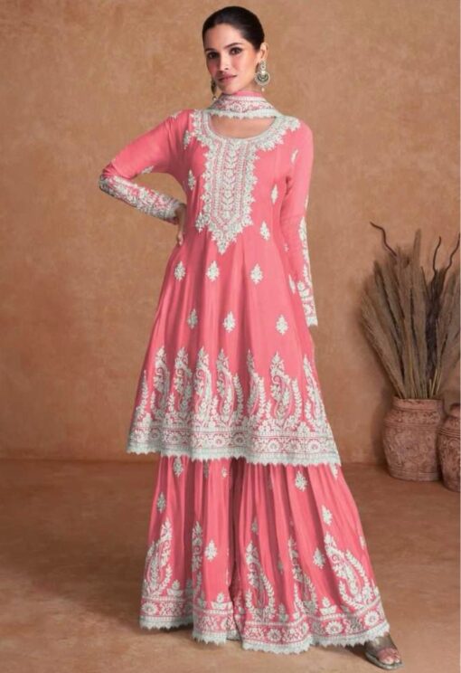 Pink Silk Embroidered Palazzo Suit