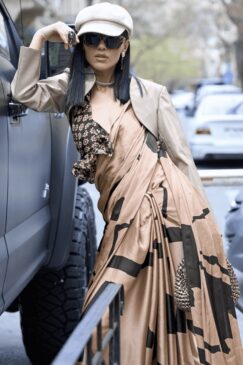 Alternative view of Beige Gold Retro Print Satin Silk Saree