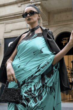 Alternative view of Green Retro Print Satin Silk Saree