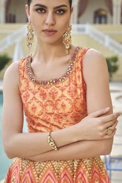 Alternative view of Orange Digital Print Fancy Silk Anarkali Gown