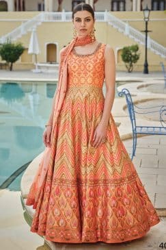 Orange Digital Print Fancy Silk Anarkali Gown