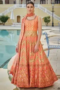 Orange Digital Print Fancy Silk Anarkali Gown