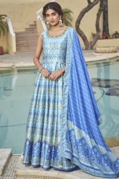 Blue Digital Print Fancy Silk Anarkali Gown