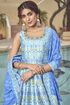 Alternative view of Blue Digital Print Fancy Silk Anarkali Gown