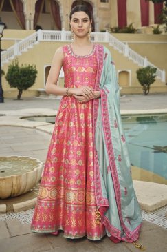 Pink Digital Print Fancy Silk Anarkali Gown