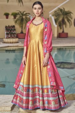 Multicoloured Digital Print Fancy Silk Anarkali Gown