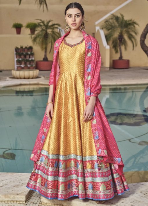 Multicoloured Digital Print Fancy Silk Anarkali Gown