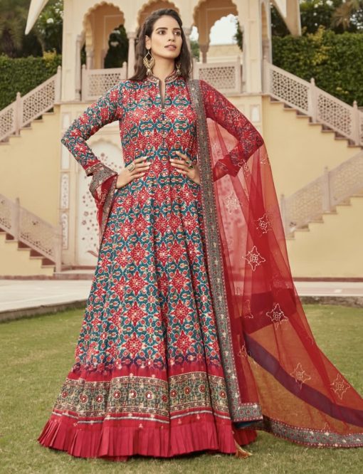 Red Digital Print Anarkali Gown