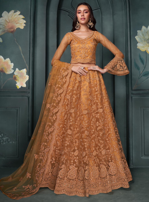 Orange Net Bridal Lehenga Choli