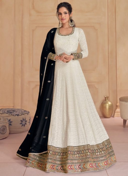 Off White Embroidered Floor Length Anarkali Gown