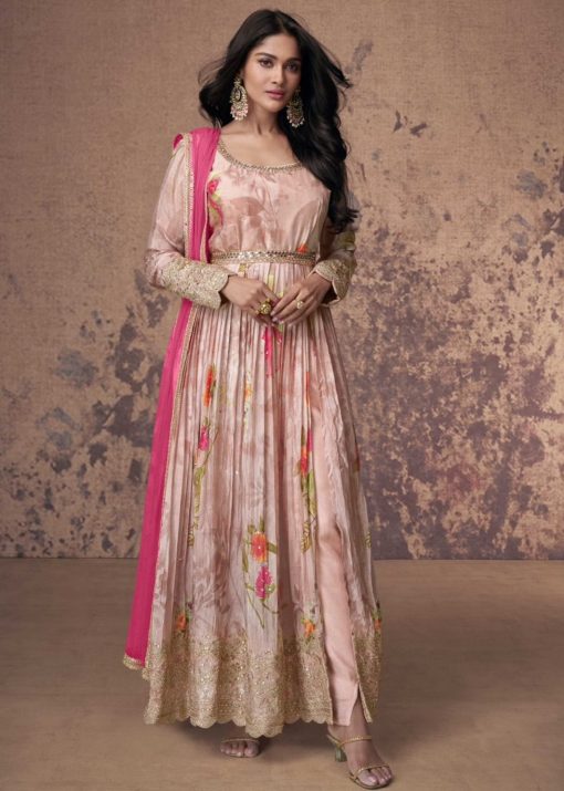 Pink Floral Print Side Slit Anarkali Suit