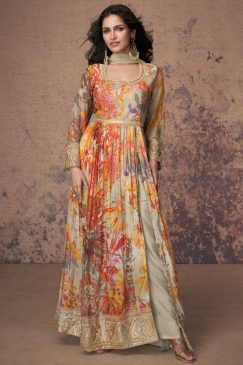 Multicoloured Floral Print Side Slit Anarkali Suit