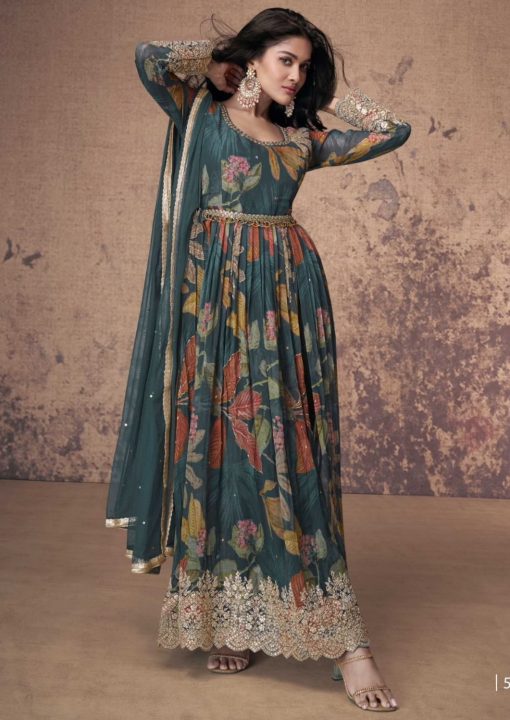 Green Floral Print Side Slit Anarkali Suit