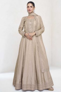 Beige Silk Floor Length Anarkali Gown