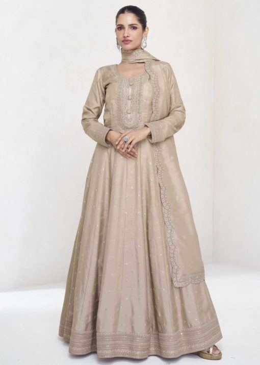Beige Silk Floor Length Anarkali Gown
