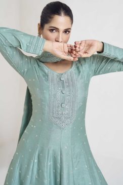 Alternative view of Turquoise Silk Floor Length Anarkali Gown