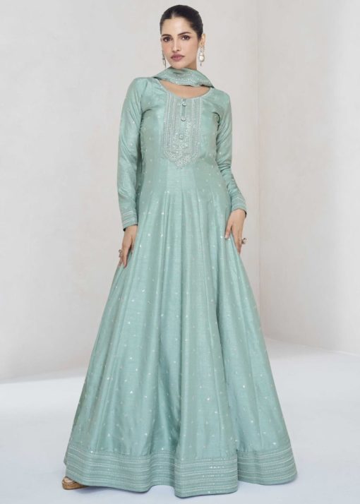 Turquoise Silk Floor Length Anarkali Gown