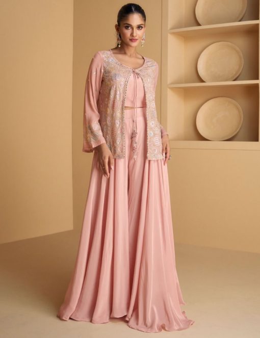 Pink Palazzo Suit With Crop Top & Jacket