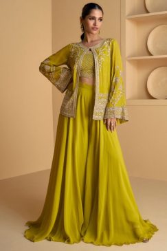 Yellow Palazzo Suit With Crop Top & Jacket