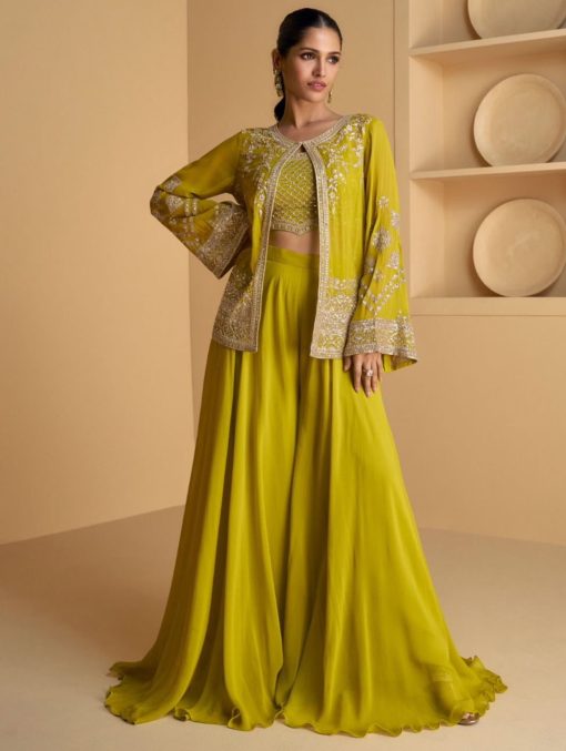 Yellow Palazzo Suit With Crop Top & Jacket