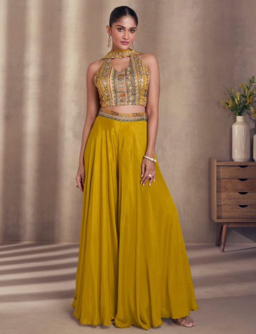 Mustard Palazzo Suit With Crop Top & Dupatta