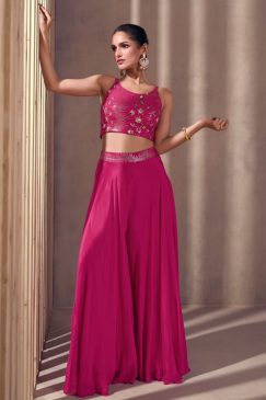 Pink Palazzo Suit With Crop Top & Dupatta