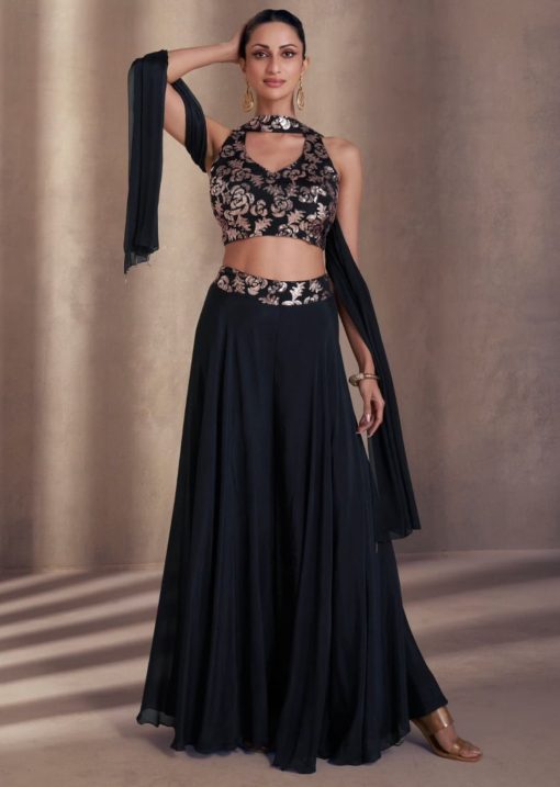 Black Palazzo Suit With Crop Top & Dupatta