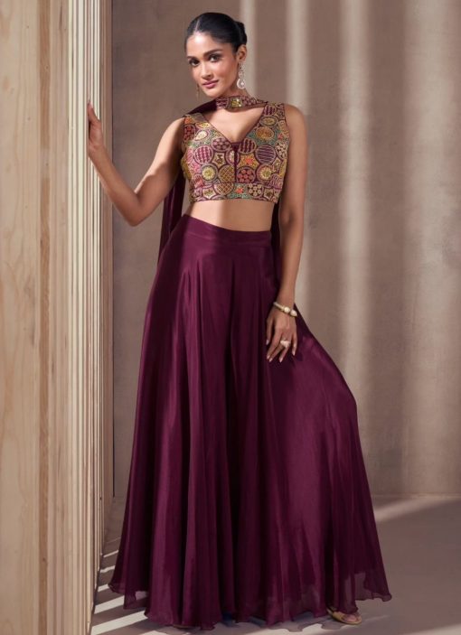 Wine Palazzo Suit With Crop Top & Dupatta