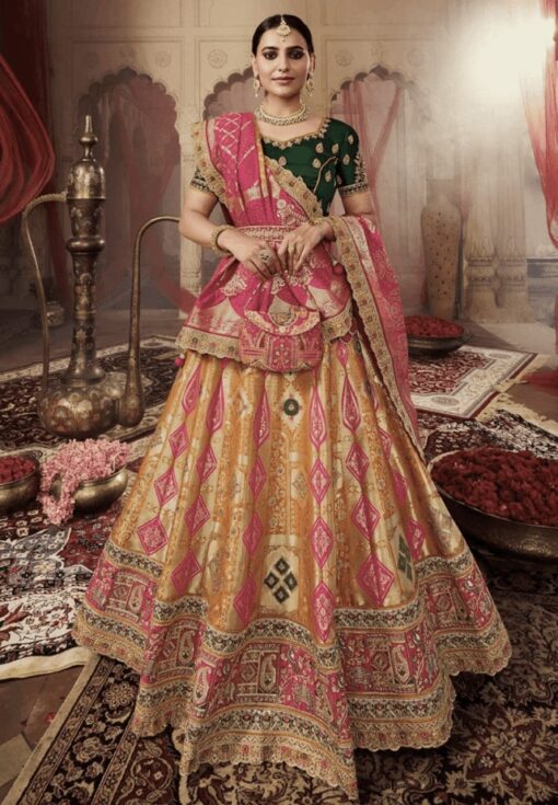 Multi Coloured Banarasi Silk Heavy Embroidered Bridal Lehenga Choli