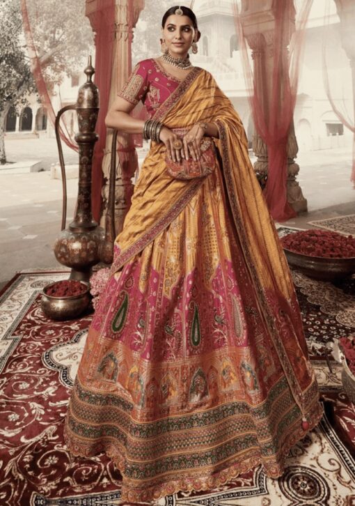 Orange Banarasi Silk Heavy Embroidered Bridal Lehenga Choli