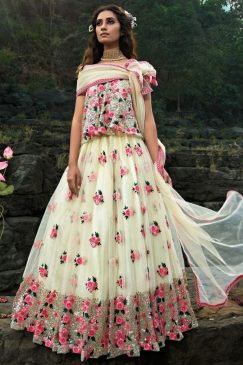 Off White Soft Net Embroidered Lehenga Choli