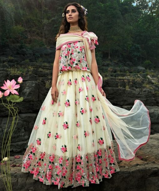 Off White Soft Net Embroidered Lehenga Choli