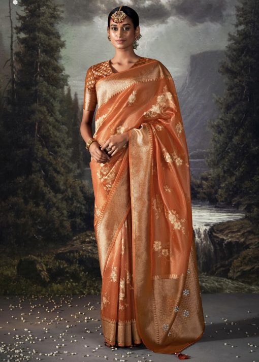 Orange Embroidered Banarasi Wedding Saree