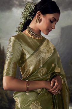 Alternative view of Green Embroidered Banarasi Wedding Saree