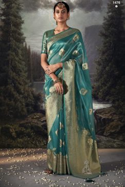 Turquoise Embroidered Banarasi Wedding Saree