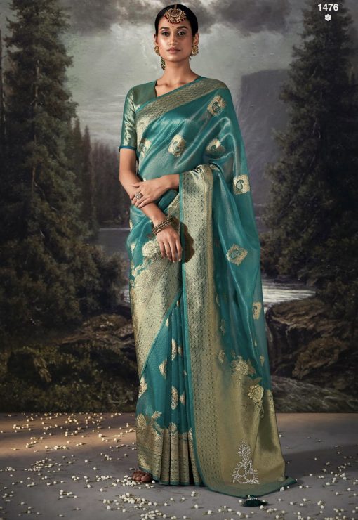 Turquoise Embroidered Banarasi Wedding Saree