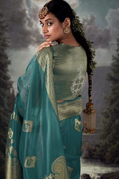 Alternative view of Turquoise Embroidered Banarasi Wedding Saree