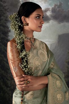 Alternative view of Light Green Embroidered Banarasi Wedding Saree