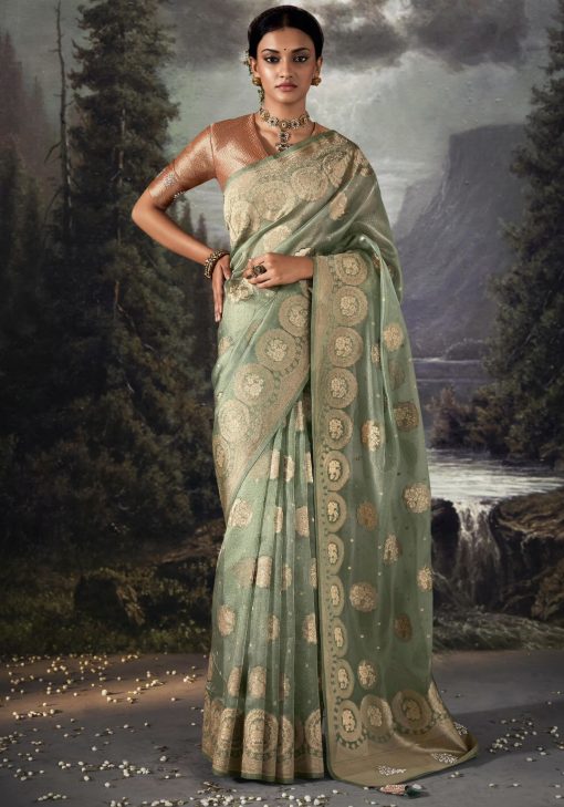 Light Green Embroidered Banarasi Wedding Saree