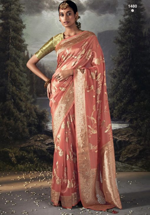 Peach Embroidered Banarasi Wedding Saree