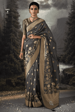 Dark Grey Embroidered Banarasi Wedding Saree