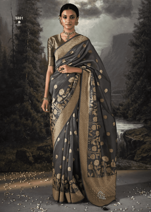 Dark Grey Embroidered Banarasi Wedding Saree
