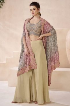 Beige Palazzo Suit With Crop Top & Shrug